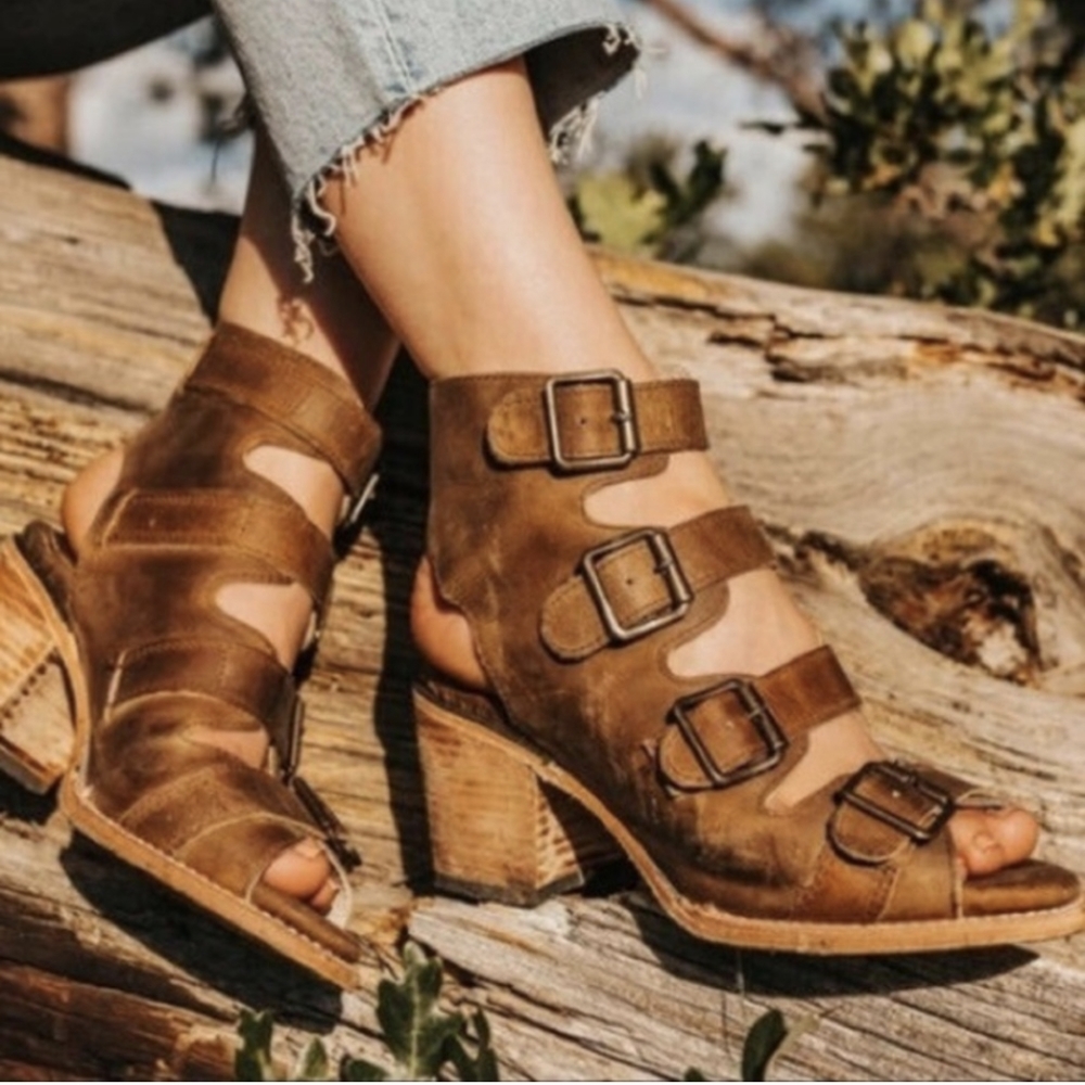 Freebird Buckle Boots/Sandals with Stacked Heel